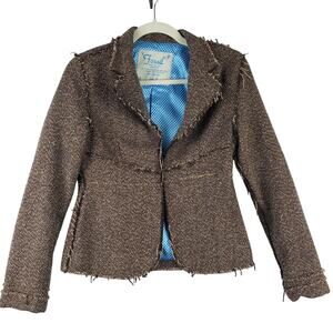 Vintage Fossil Women's S Frayed Tweed Open Blazer Jacket Brown Old‎ Money Preppy